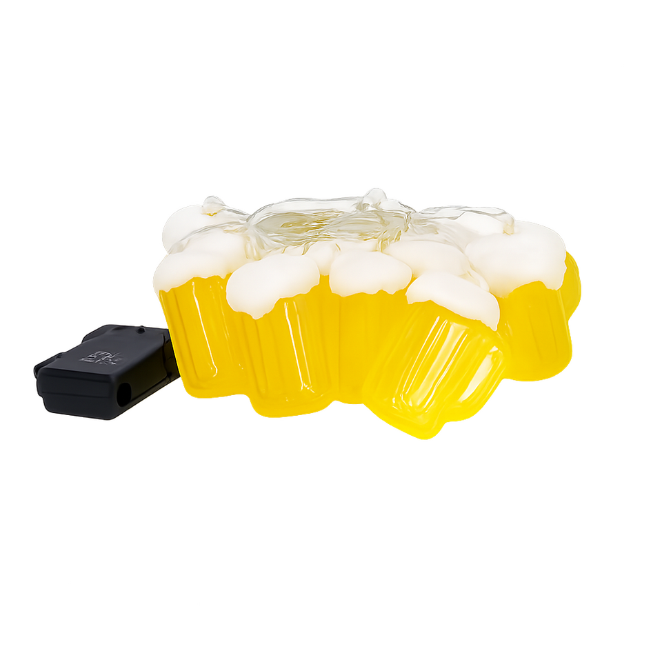 Lichtsnoer met kleine verlichte biermokjes in een gezellige mancave